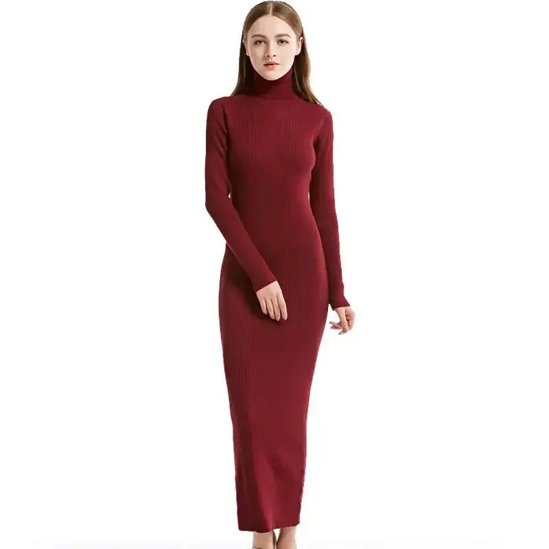 New Fashion Women Sexy Party Dress Knit Style Long Sleeve Turtleneck Winter Maxi Dress Slim Work Wear Office Dress Vestidos - haalish