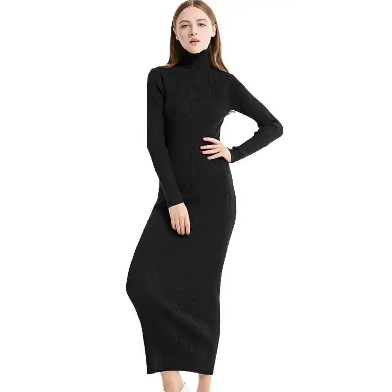 New Fashion Women Sexy Party Dress Knit Style Long Sleeve Turtleneck Winter Maxi Dress Slim Work Wear Office Dress Vestidos - haalish