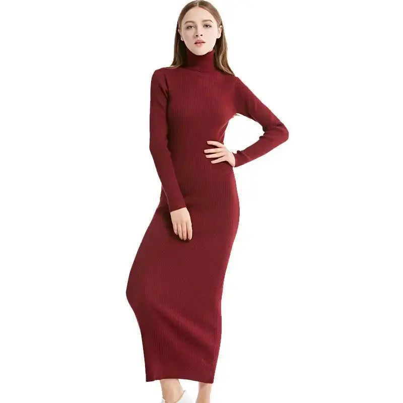 New Fashion Women Sexy Party Dress Knit Style Long Sleeve Turtleneck Winter Maxi Dress Slim Work Wear Office Dress Vestidos - haalish