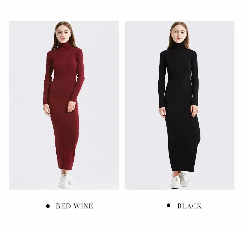 New Fashion Women Sexy Party Dress Knit Style Long Sleeve Turtleneck Winter Maxi Dress Slim Work Wear Office Dress Vestidos - haalish