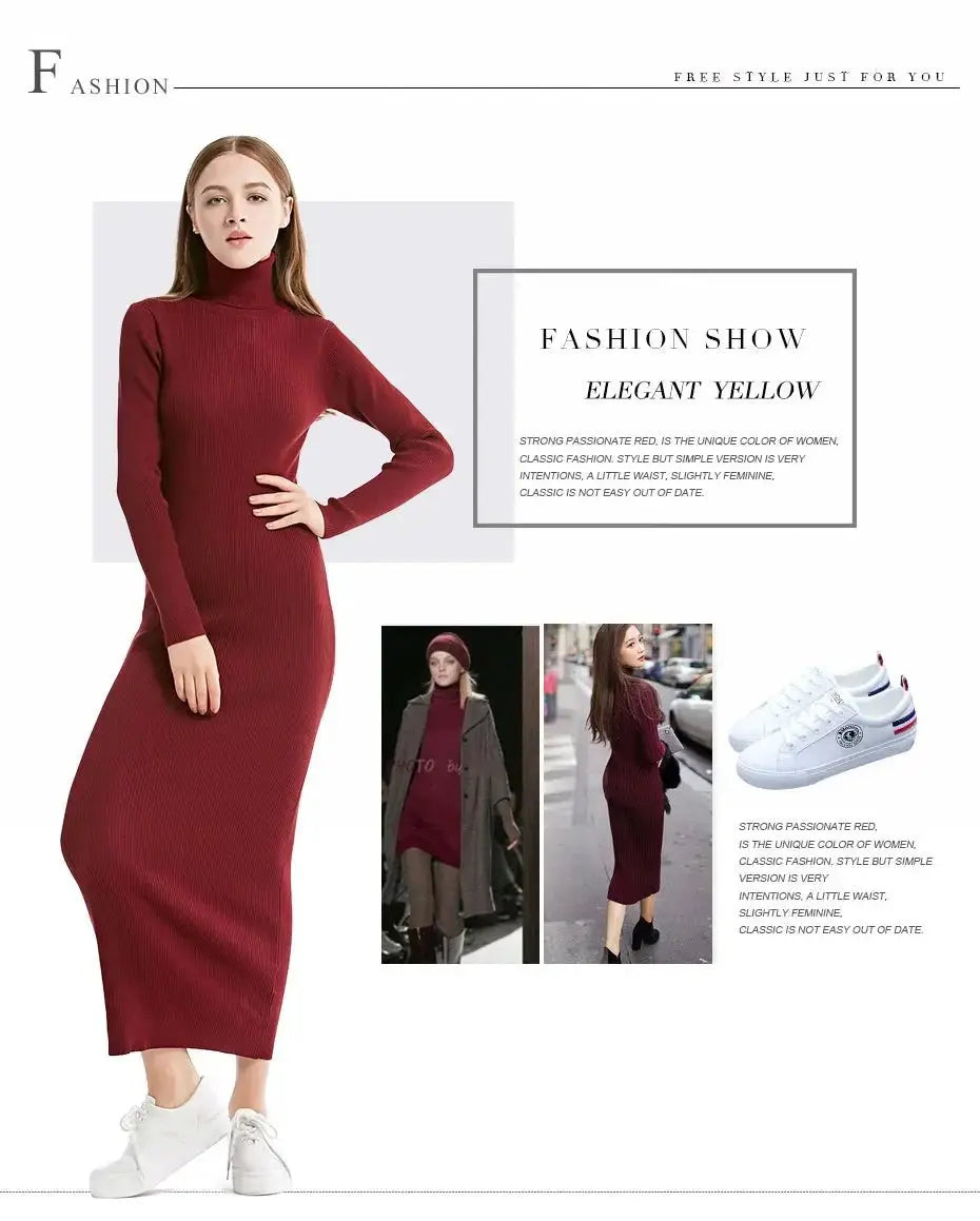 New Fashion Women Sexy Party Dress Knit Style Long Sleeve Turtleneck Winter Maxi Dress Slim Work Wear Office Dress Vestidos