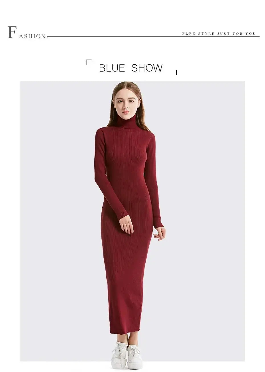 New Fashion Women Sexy Party Dress Knit Style Long Sleeve Turtleneck Winter Maxi Dress Slim Work Wear Office Dress Vestidos - haalish