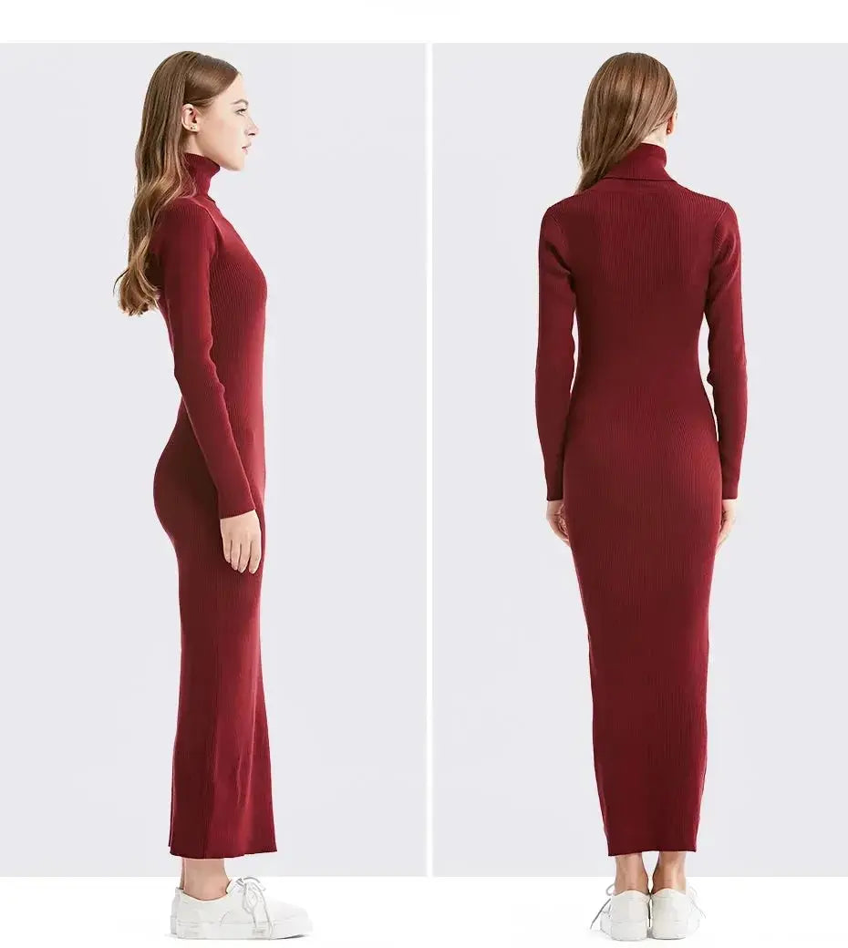 New Fashion Women Sexy Party Dress Knit Style Long Sleeve Turtleneck Winter Maxi Dress Slim Work Wear Office Dress Vestidos - haalish