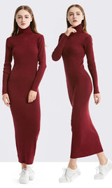 New Fashion Women Sexy Party Dress Knit Style Long Sleeve Turtleneck Winter Maxi Dress Slim Work Wear Office Dress Vestidos