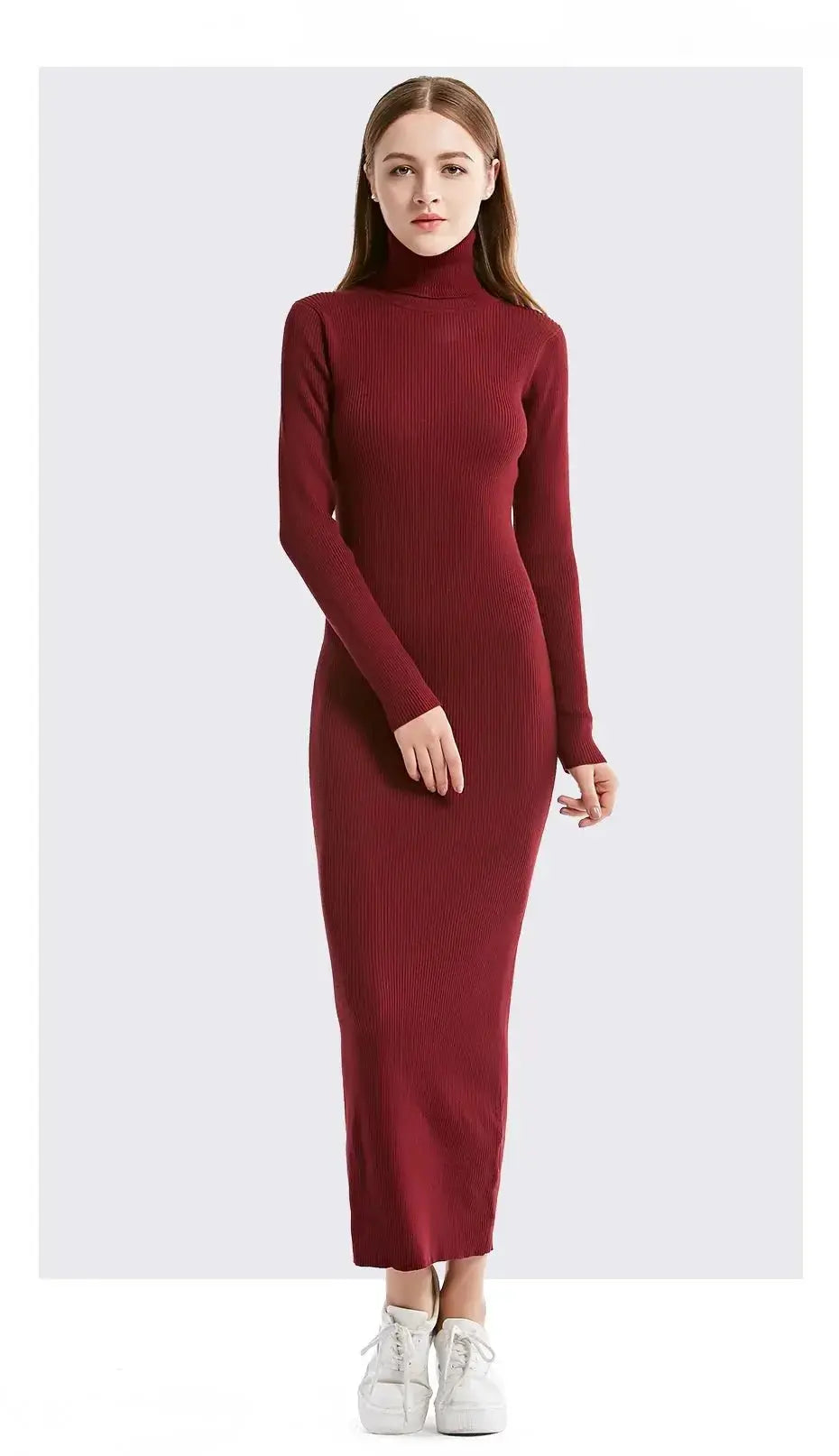 New Fashion Women Sexy Party Dress Knit Style Long Sleeve Turtleneck Winter Maxi Dress Slim Work Wear Office Dress Vestidos