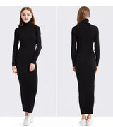 New Fashion Women Sexy Party Dress Knit Style Long Sleeve Turtleneck Winter Maxi Dress Slim Work Wear Office Dress Vestidos