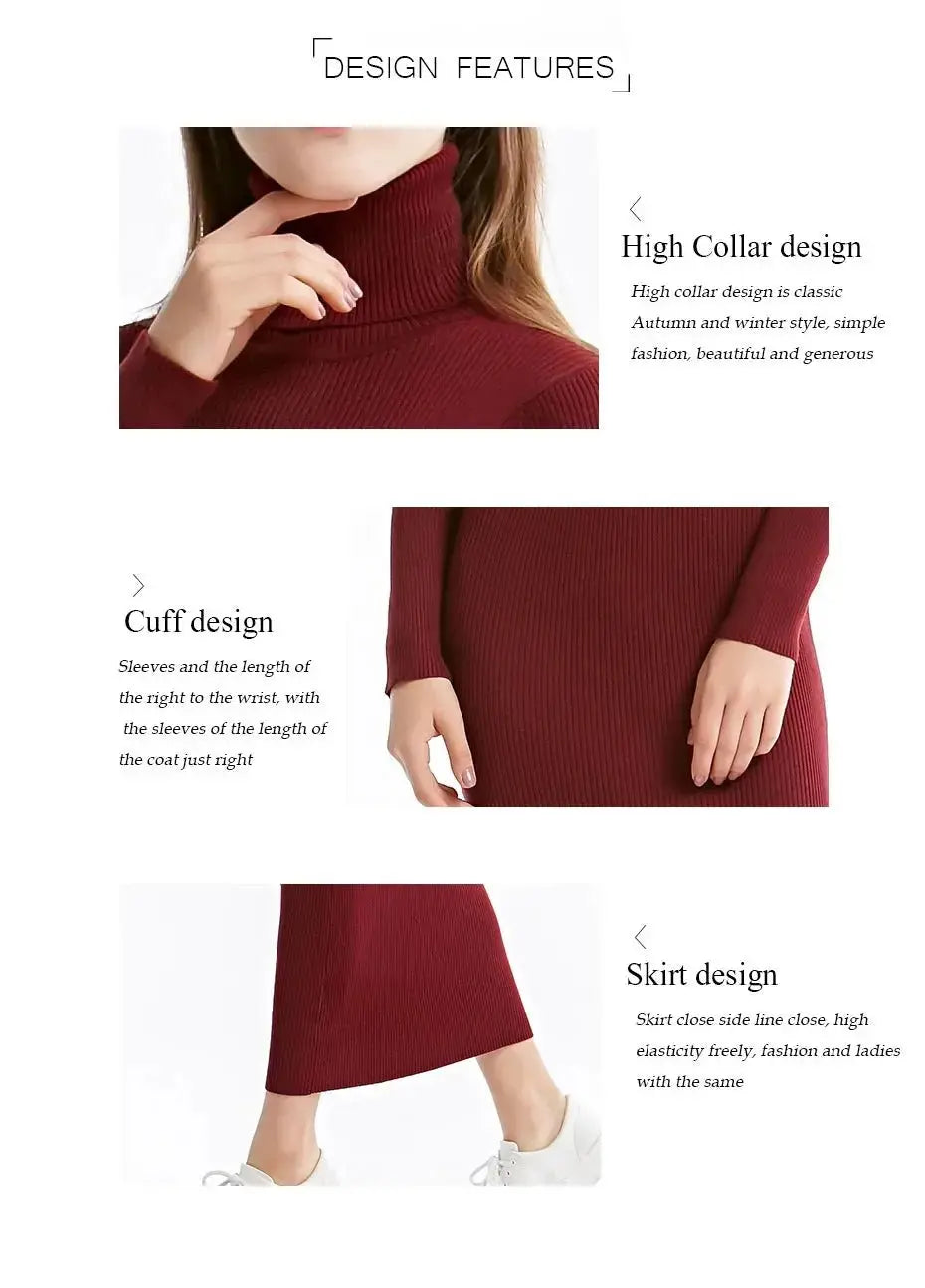 New Fashion Women Sexy Party Dress Knit Style Long Sleeve Turtleneck Winter Maxi Dress Slim Work Wear Office Dress Vestidos