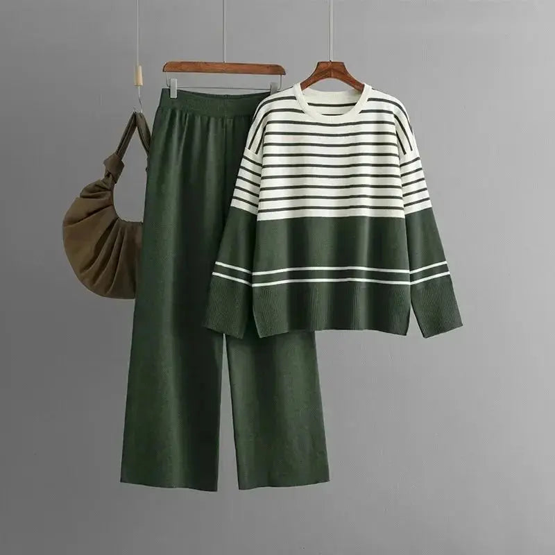 New Women's Long Pants Two Piece Sets Womens Outifits Autumn Knitt Suits Loose Striped Pullover Sweater Sets for Women 2 Pieces