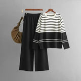 New Women's Long Pants Two Piece Sets Womens Outifits Autumn Knitt Suits Loose Striped Pullover Sweater Sets for Women 2 Pieces