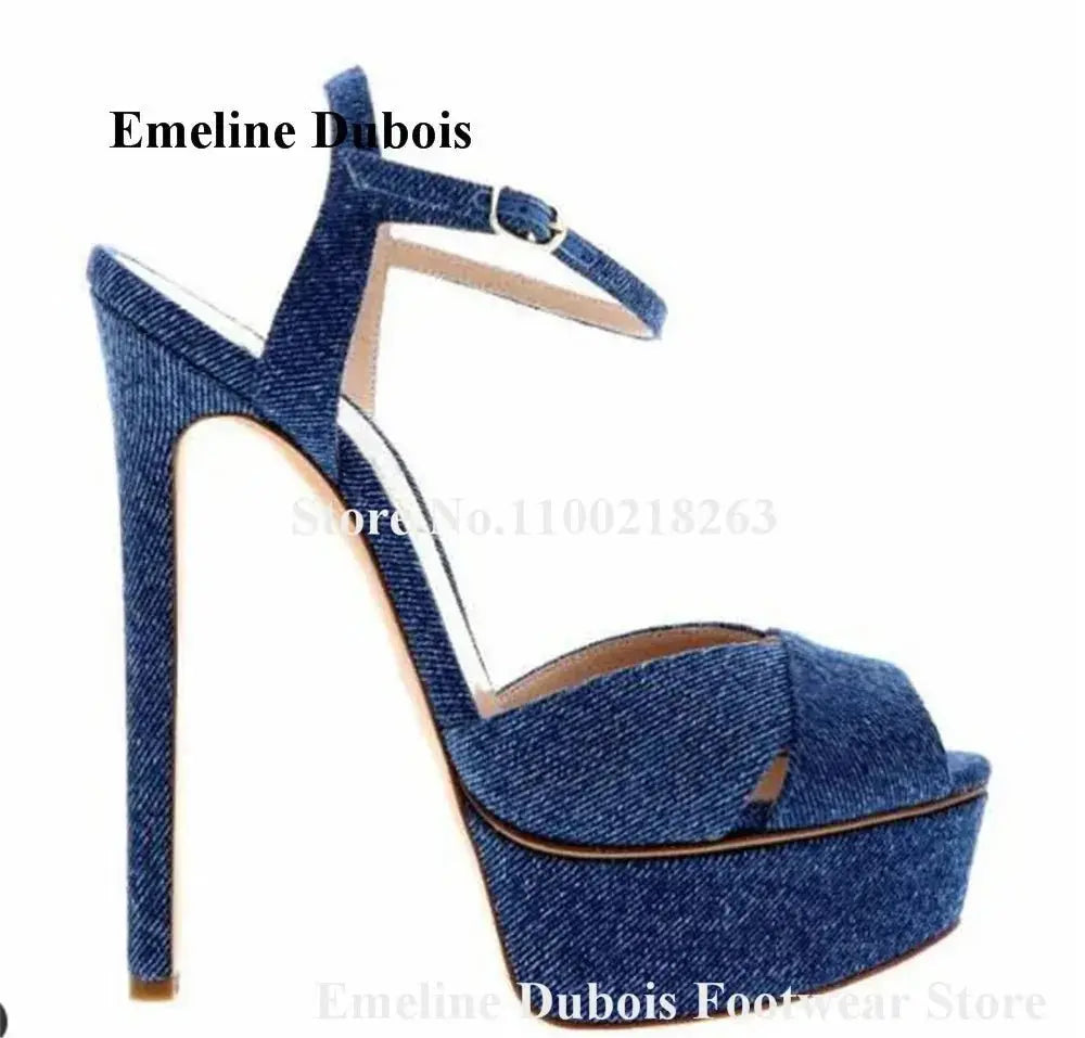 Newest Blue Denim Sandals Emeline Dubois Peep Toe Straps Cross High Platform Stiletto Heel Red Blue Dress Heels Party Pumps - haalish