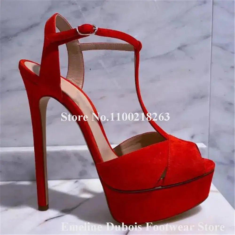 Newest Blue Denim Sandals Emeline Dubois Peep Toe Straps Cross High Platform Stiletto Heel Red Blue Dress Heels Party Pumps - haalish