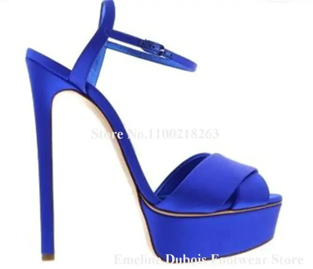 Newest Blue Denim Sandals Emeline Dubois Peep Toe Straps Cross High Platform Stiletto Heel Red Blue Dress Heels Party Pumps - haalish