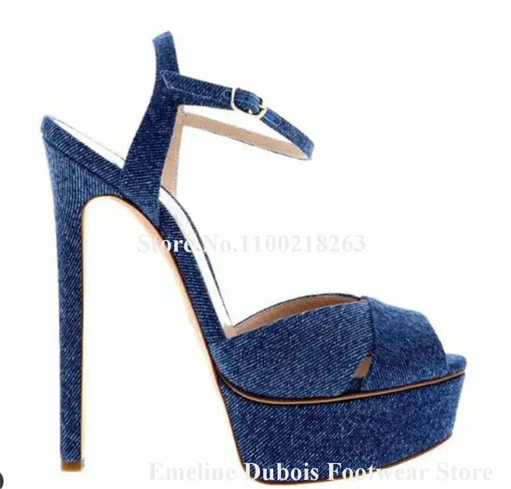 Newest Blue Denim Sandals Emeline Dubois Peep Toe Straps Cross High Platform Stiletto Heel Red Blue Dress Heels Party Pumps