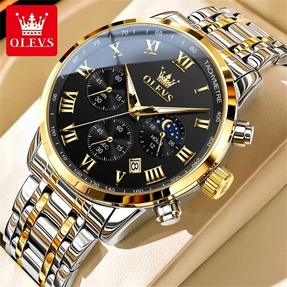 OLEVS 5529 Top Luxury Brand Men's Watch Waterproof Luminous Stainless Steel Lunar Phase Timing Code Watch New Quartz Men's Watch - haalish