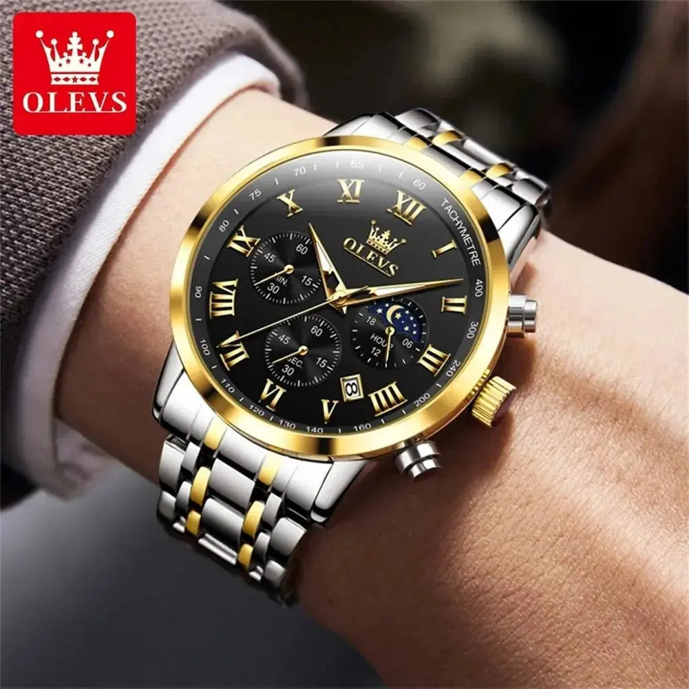 OLEVS 5529 Top Luxury Brand Men's Watch Waterproof Luminous Stainless Steel Lunar Phase Timing Code Watch New Quartz Men's Watch - haalish