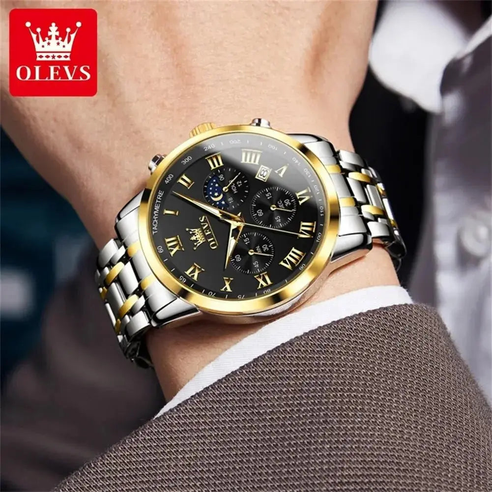 OLEVS 5529 Top Luxury Brand Men's Watch Waterproof Luminous Stainless Steel Lunar Phase Timing Code Watch New Quartz Men's Watch