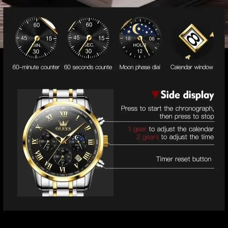 OLEVS 5529 Top Luxury Brand Men's Watch Waterproof Luminous Stainless Steel Lunar Phase Timing Code Watch New Quartz Men's Watch - haalish