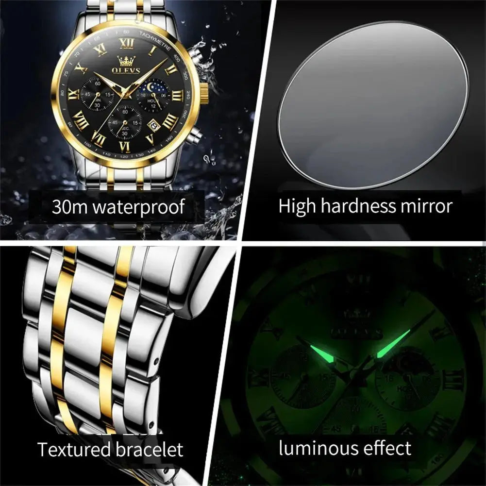 OLEVS 5529 Top Luxury Brand Men's Watch Waterproof Luminous Stainless Steel Lunar Phase Timing Code Watch New Quartz Men's Watch