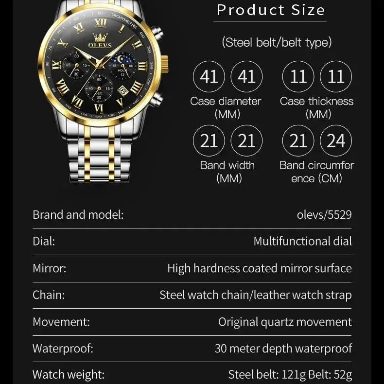 OLEVS 5529 Top Luxury Brand Men's Watch Waterproof Luminous Stainless Steel Lunar Phase Timing Code Watch New Quartz Men's Watch - haalish