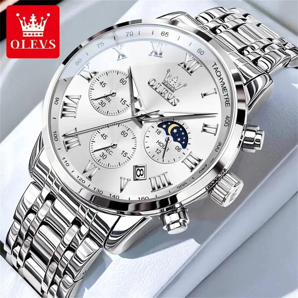 OLEVS 5529 Top Luxury Brand Men's Watch Waterproof Luminous Stainless Steel Lunar Phase Timing Code Watch New Quartz Men's Watch - haalish