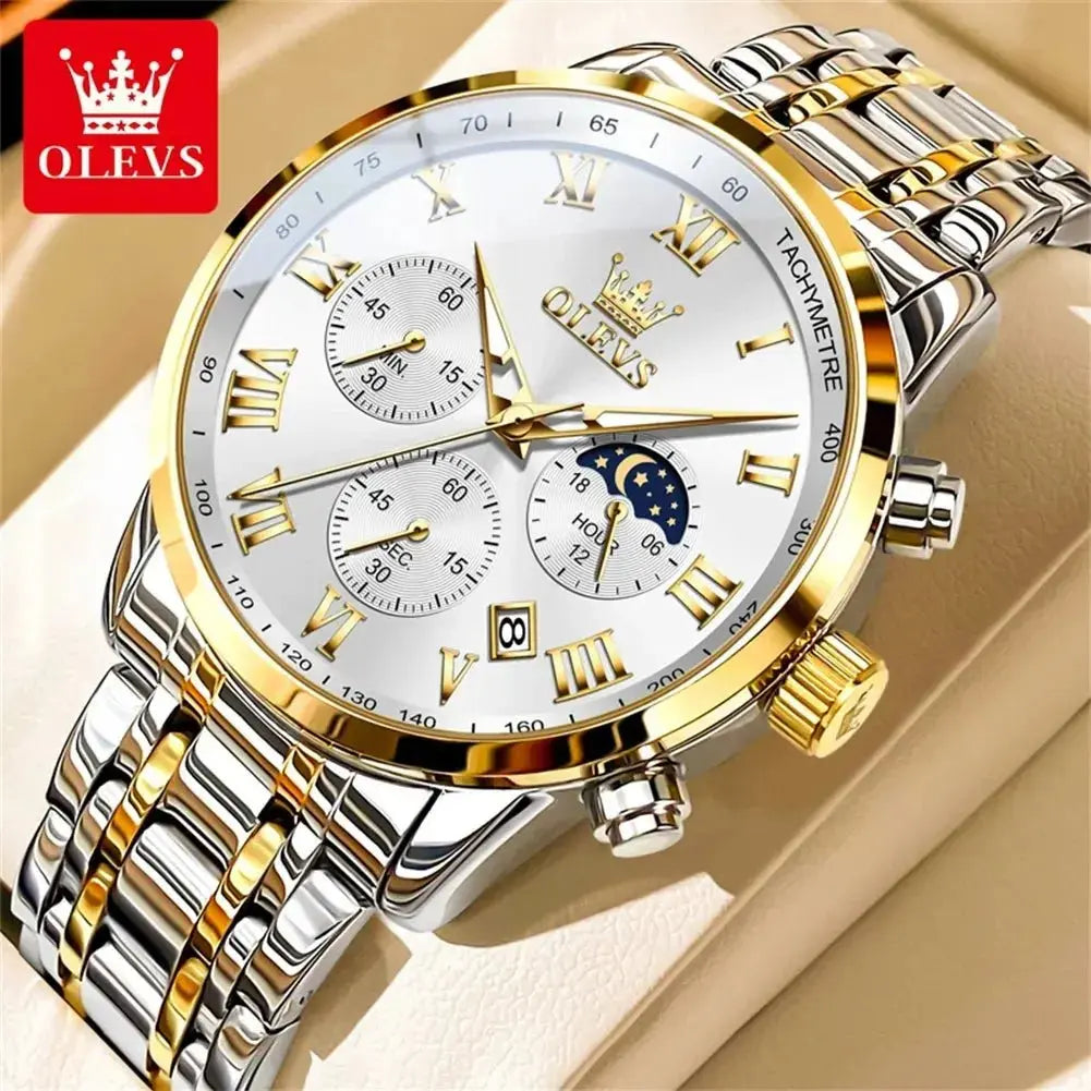 OLEVS 5529 Top Luxury Brand Men's Watch Waterproof Luminous Stainless Steel Lunar Phase Timing Code Watch New Quartz Men's Watch - haalish