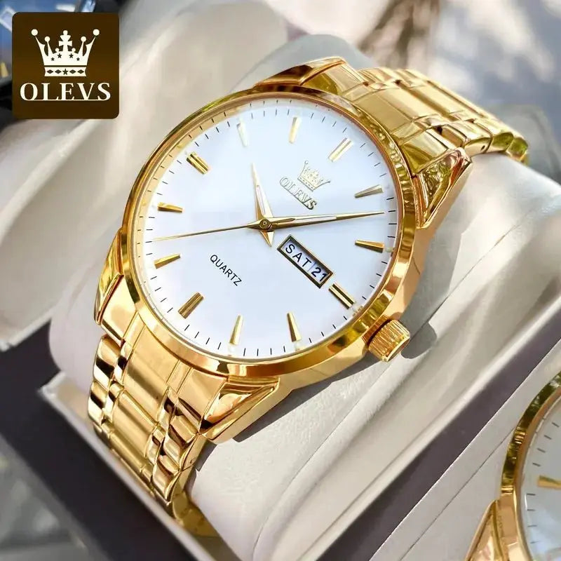 OLEVS Classic Gold Wrist Watches For Top Brand Luxury Business Leather Waterproof Luminous Stainless Steel Men Quartz Wristwatch - haalish