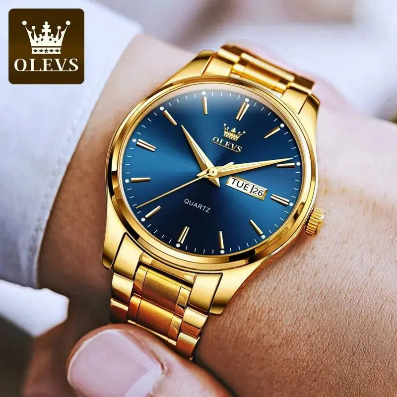 OLEVS Classic Gold Wrist Watches For Top Brand Luxury Business Leather Waterproof Luminous Stainless Steel Men Quartz Wristwatch - haalish