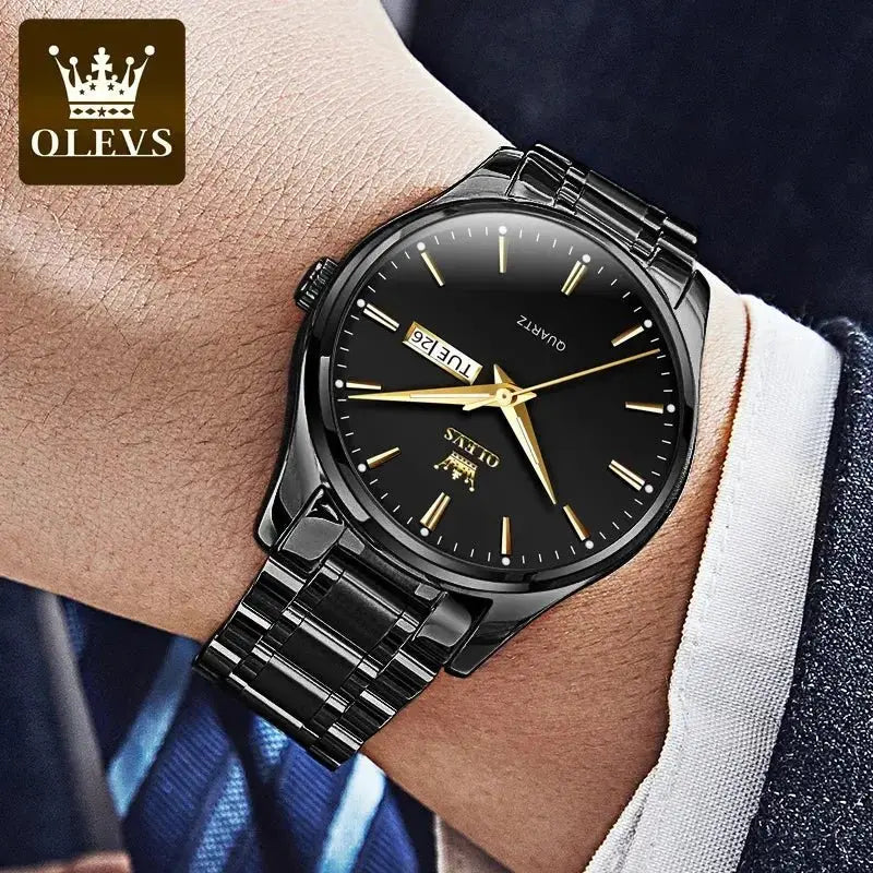 OLEVS Classic Gold Wrist Watches For Top Brand Luxury Business Leather Waterproof Luminous Stainless Steel Men Quartz Wristwatch