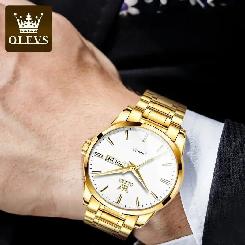 OLEVS Classic Gold Wrist Watches For Top Brand Luxury Business Leather Waterproof Luminous Stainless Steel Men Quartz Wristwatch