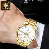 OLEVS Classic Gold Wrist Watches For Top Brand Luxury Business Leather Waterproof Luminous Stainless Steel Men Quartz Wristwatch