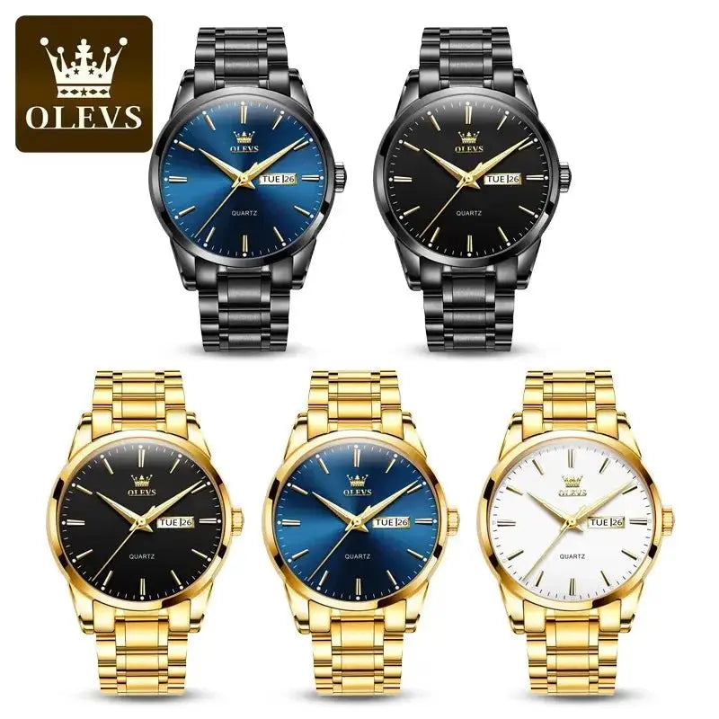 OLEVS Classic Gold Wrist Watches For Top Brand Luxury Business Leather Waterproof Luminous Stainless Steel Men Quartz Wristwatch - haalish