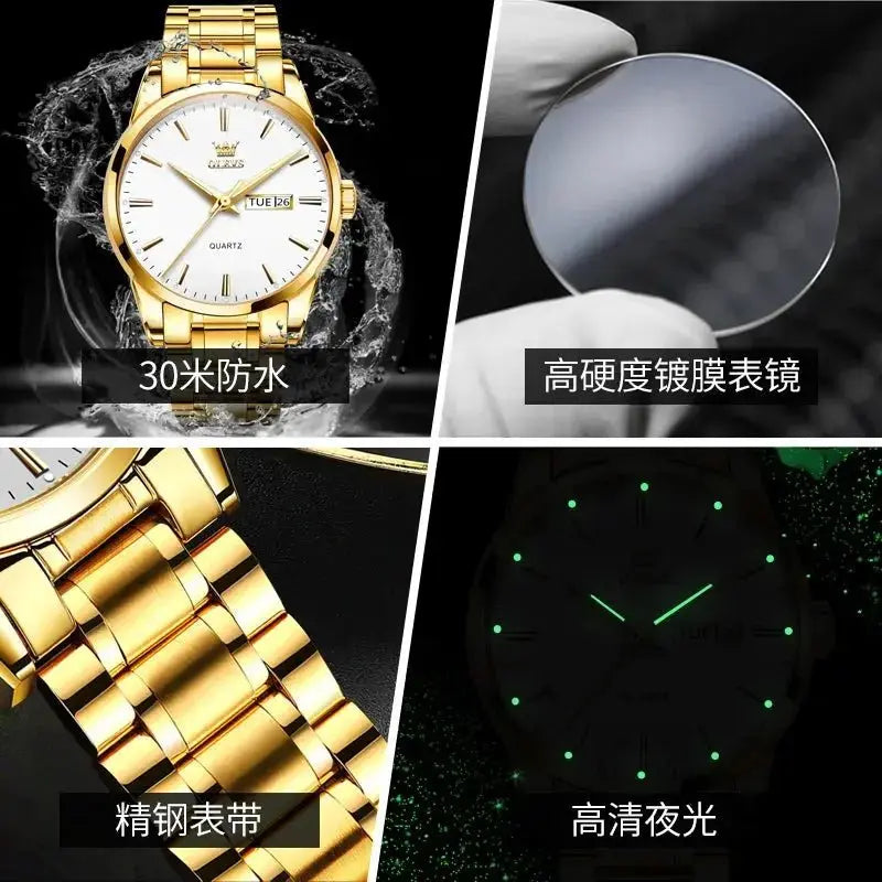 OLEVS Classic Gold Wrist Watches For Top Brand Luxury Business Leather Waterproof Luminous Stainless Steel Men Quartz Wristwatch