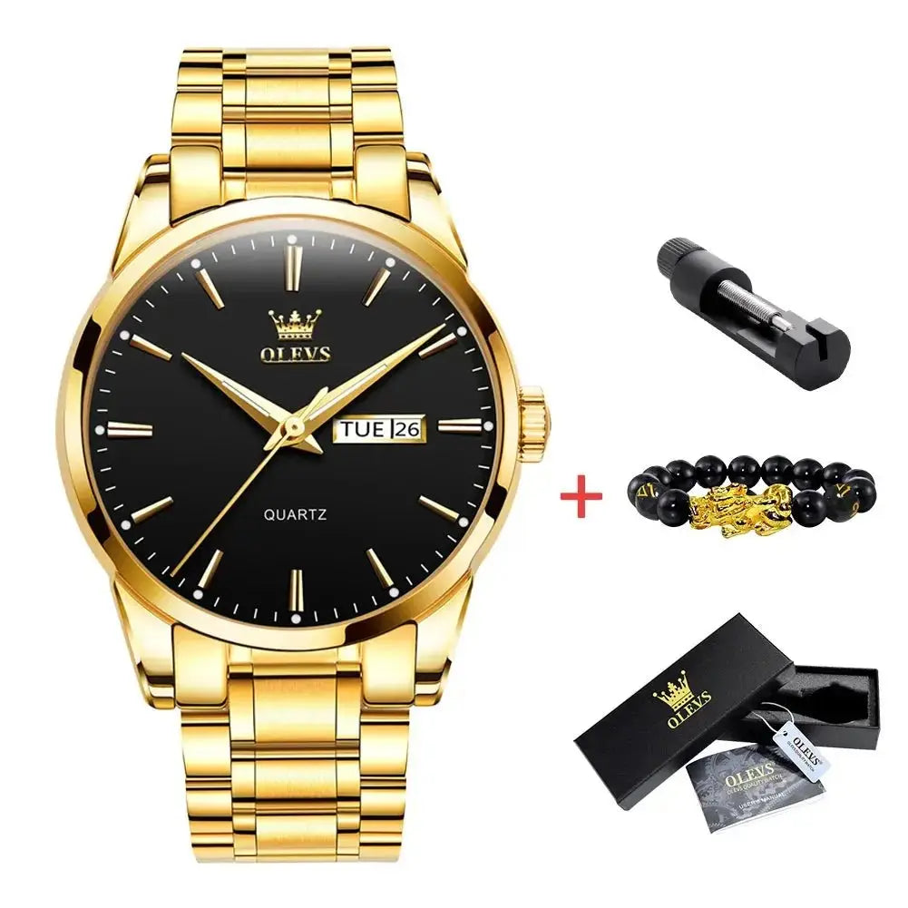 OLEVS Classic Gold Wrist Watches For Top Brand Luxury Business Leather Waterproof Luminous Stainless Steel Men Quartz Wristwatch - haalish