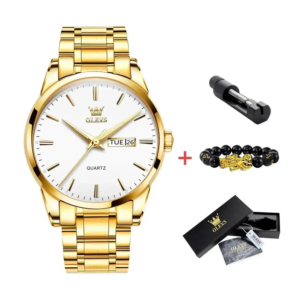 OLEVS Classic Gold Wrist Watches For Top Brand Luxury Business Leather Waterproof Luminous Stainless Steel Men Quartz Wristwatch