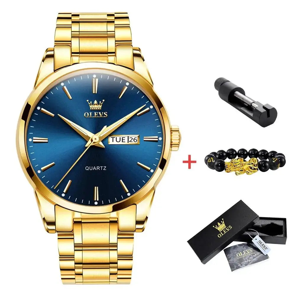 OLEVS Classic Gold Wrist Watches For Top Brand Luxury Business Leather Waterproof Luminous Stainless Steel Men Quartz Wristwatch - haalish