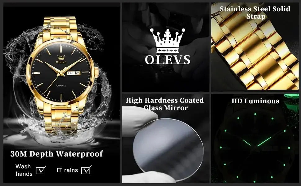 OLEVS Classic Gold Wrist Watches For Top Brand Luxury Business Leather Waterproof Luminous Stainless Steel Men Quartz Wristwatch - haalish