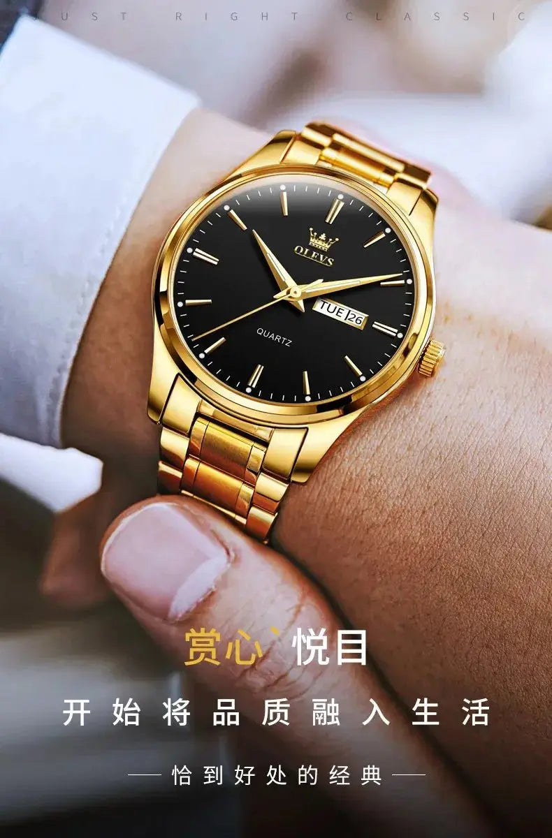 OLEVS Classic Gold Wrist Watches For Top Brand Luxury Business Leather Waterproof Luminous Stainless Steel Men Quartz Wristwatch