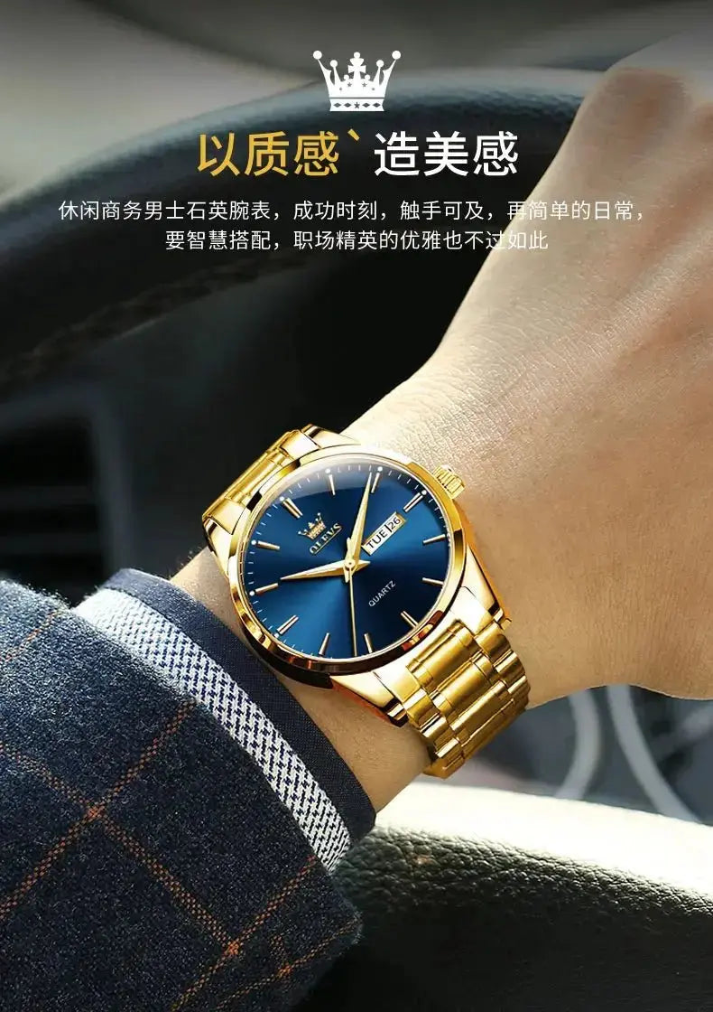 OLEVS Classic Gold Wrist Watches For Top Brand Luxury Business Leather Waterproof Luminous Stainless Steel Men Quartz Wristwatch