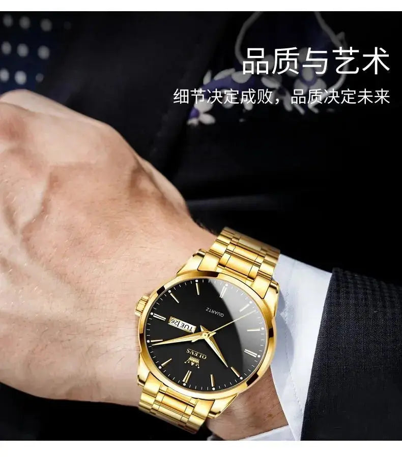 OLEVS Classic Gold Wrist Watches For Top Brand Luxury Business Leather Waterproof Luminous Stainless Steel Men Quartz Wristwatch