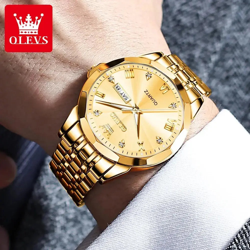 OLEVS Men‘s Watches Gold Original Quartz Wristwatch Waterproof Luminous Watch for Male Rhombus Mirror Date Week Luxury Dress