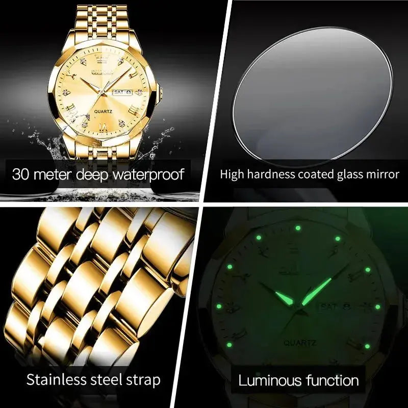 OLEVS Men‘s Watches Gold Original Quartz Wristwatch Waterproof Luminous Watch for Male Rhombus Mirror Date Week Luxury Dress - haalish