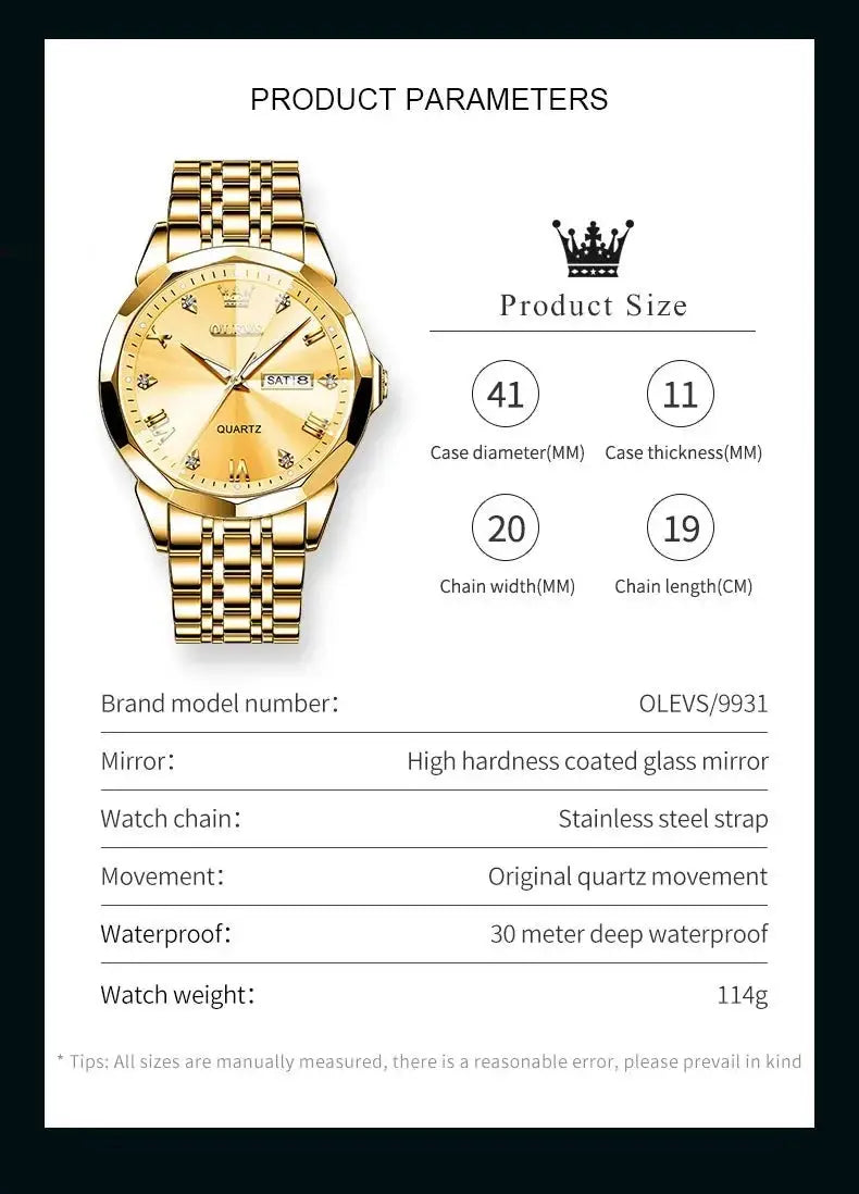 OLEVS Men‘s Watches Gold Original Quartz Wristwatch Waterproof Luminous Watch for Male Rhombus Mirror Date Week Luxury Dress