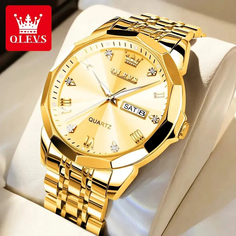 OLEVS Men‘s Watches Gold Original Quartz Wristwatch Waterproof Luminous Watch for Male Rhombus Mirror Date Week Luxury Dress - haalish