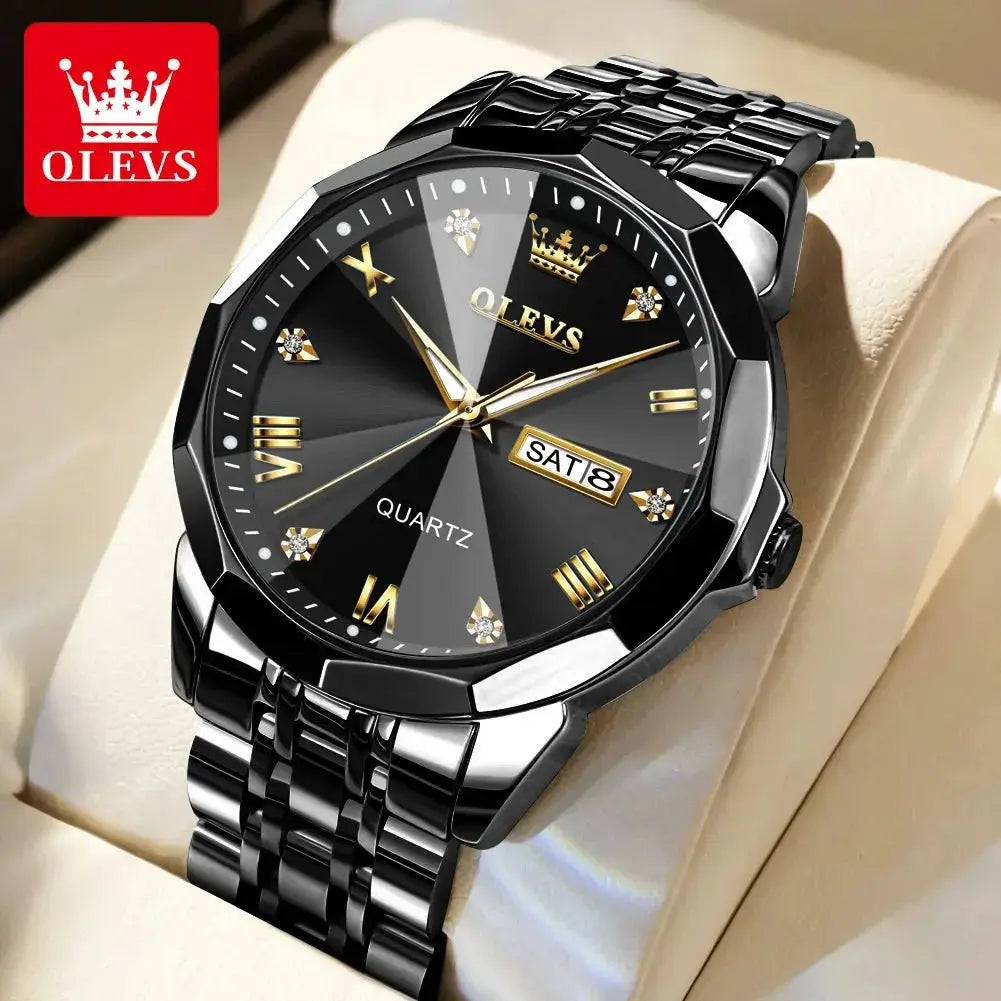 OLEVS Men‘s Watches Gold Original Quartz Wristwatch Waterproof Luminous Watch for Male Rhombus Mirror Date Week Luxury Dress - haalish