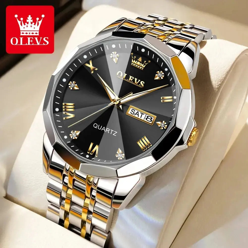 OLEVS Men‘s Watches Gold Original Quartz Wristwatch Waterproof Luminous Watch for Male Rhombus Mirror Date Week Luxury Dress - haalish