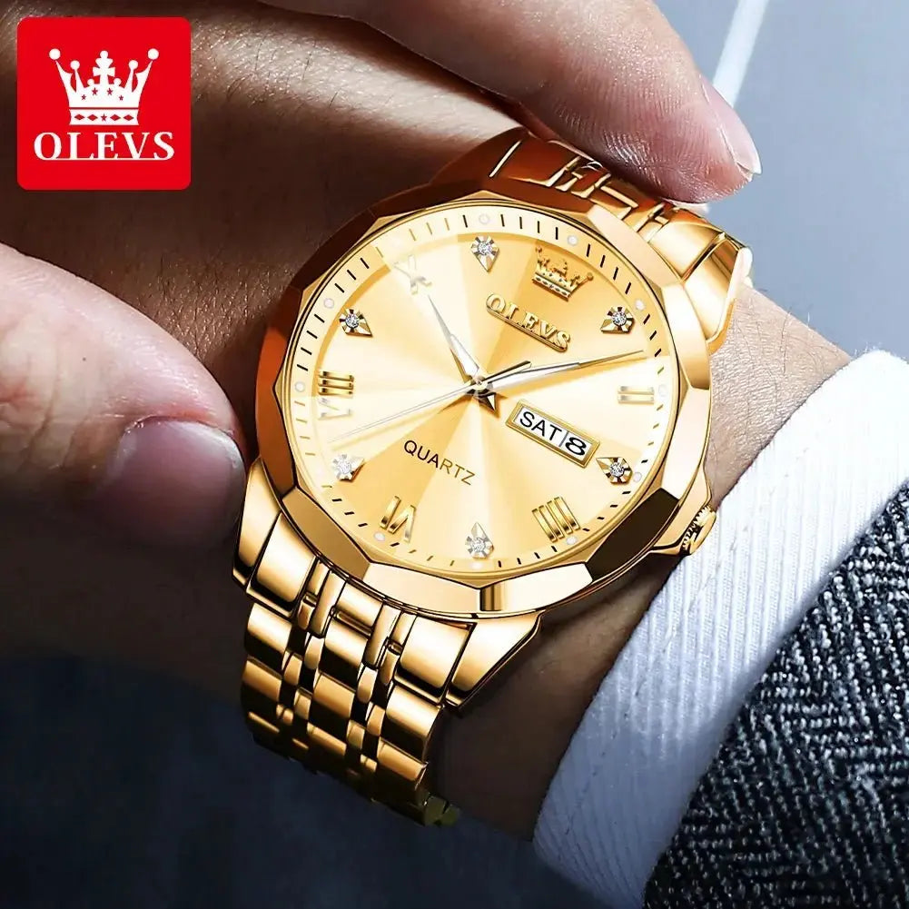 OLEVS Men‘s Watches Gold Original Quartz Wristwatch Waterproof Luminous Watch for Male Rhombus Mirror Date Week Luxury Dress