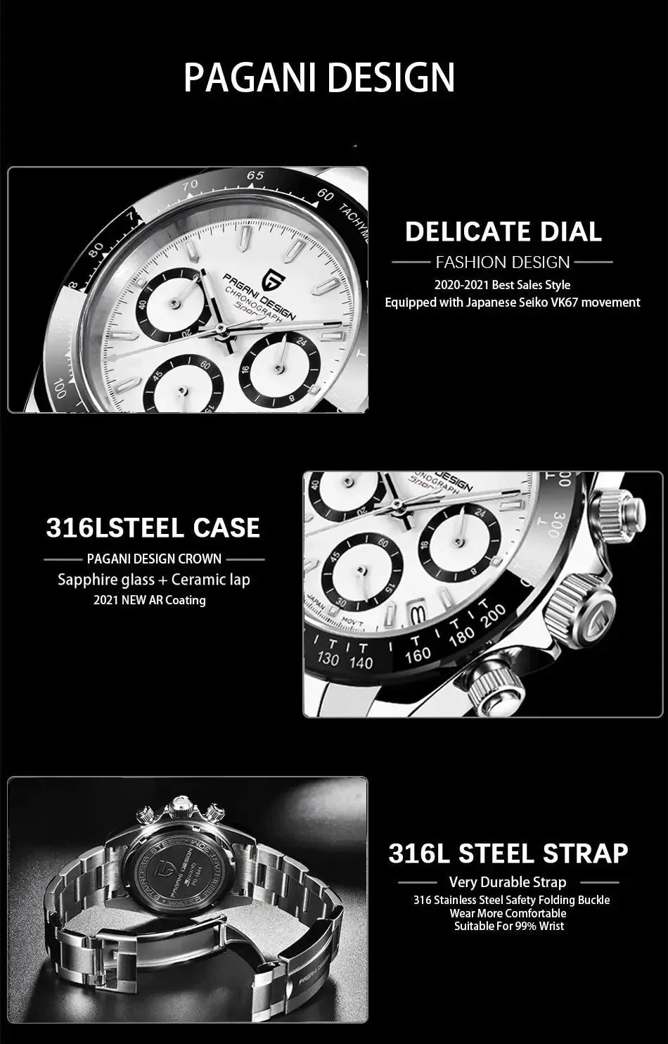 PAGANI DESIGN Top Luxury Brand Men Watches 100M Waterproof Quartz Wristwatch Sport Chronograph AR Sapphire mirror VK63 All Steel