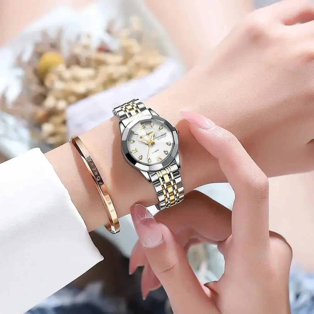 POEDAGAR Luxury Ladies Wristwatch Luminous Waterproof Date Week Woman Dress Watches Stainless Steel Women Watch Quartz Clock+Box