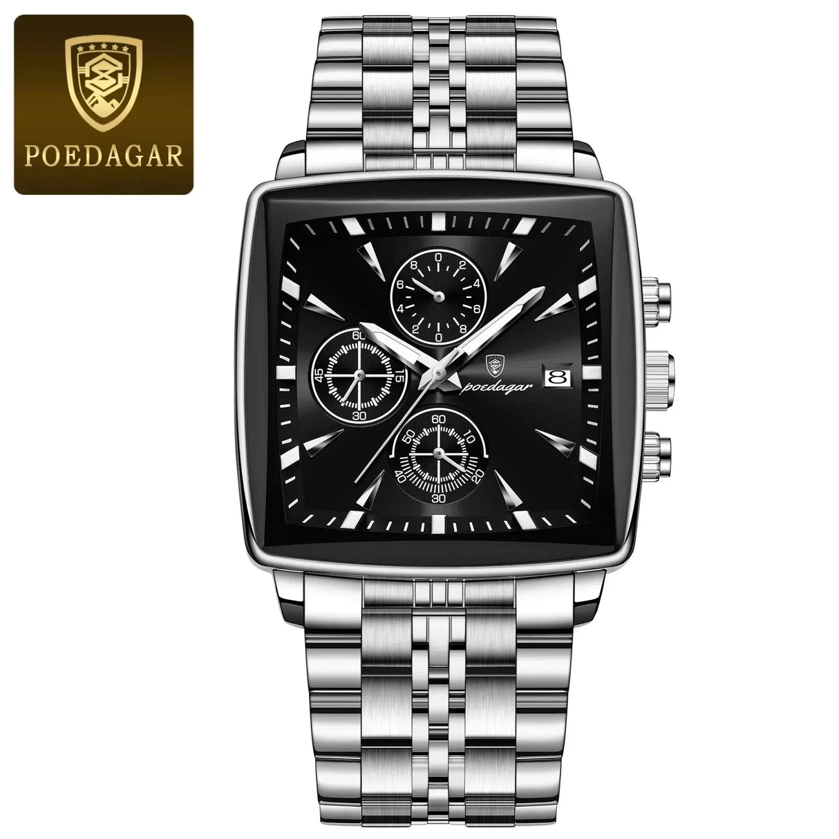 POEDAGAR Luxury Square Sport Man Wristwatch Waterproof Luminous Chronograph Quartz Men's Watches Stainless Steel Men Watch Reloj