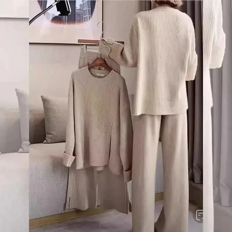 REALEFT 2024 Autumn Winter 2 Pieces Women's Sets Knitted Tracksuit Button O-Neck Split Sweater and Straight Jogging Pants Suit